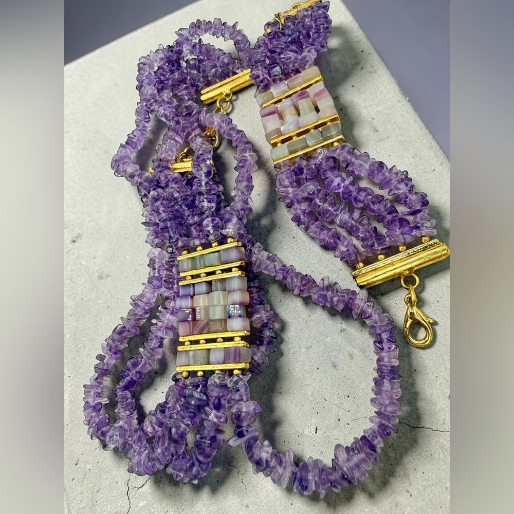 Amethyst Multi Strand Choker Necklace & Bracelet Set Mosaic Agate 161g Stunning - Picture 9 of 17